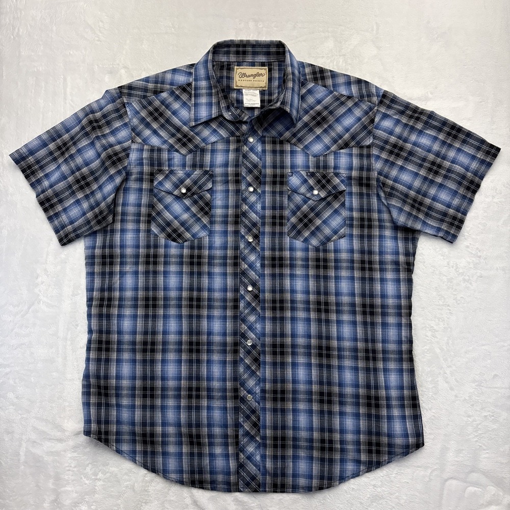 Wrangler Western Shirts Pearl Snap Blue Plaid Shirt Men XL Cowboy Core Country